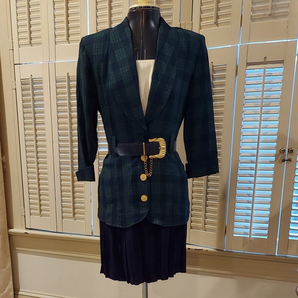Vintage Green & Blue Plaid Jacket & Skirt Outfit by Positive Attitude Size 3/4